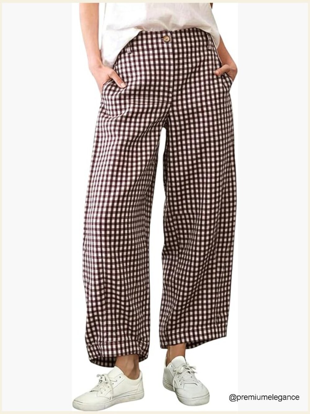 Women's Gingham Wide Leg Capri Pants High Waist Cotton with Pockets